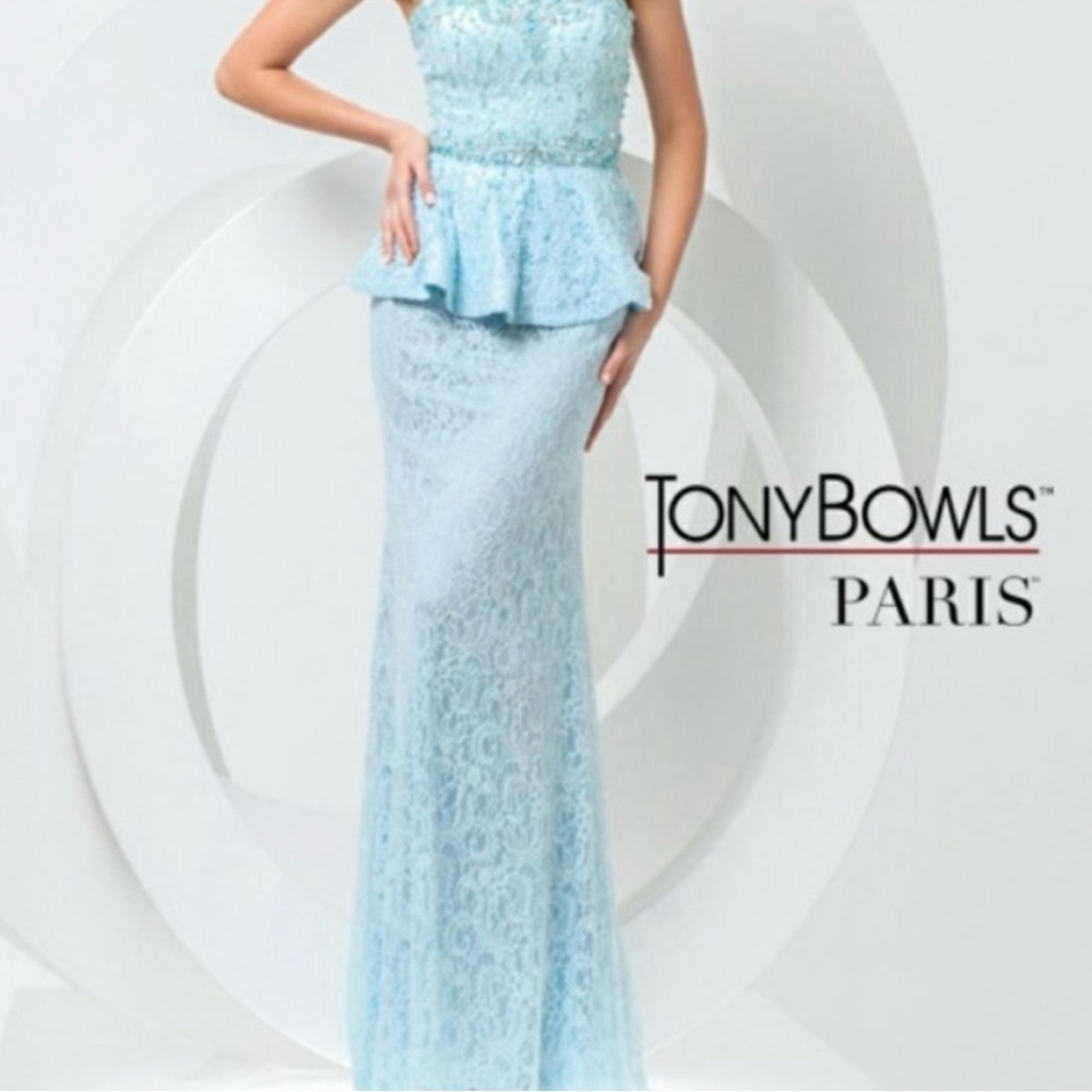Tony Bowls Strapless Light Blue Lace Peplum Evening Dress